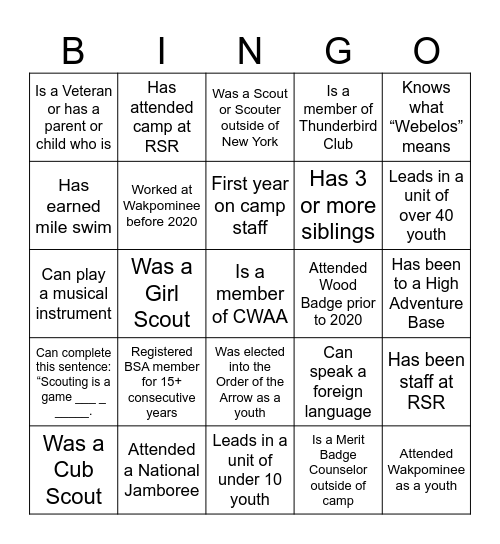 Wakpominee Staff Training Bingo Card