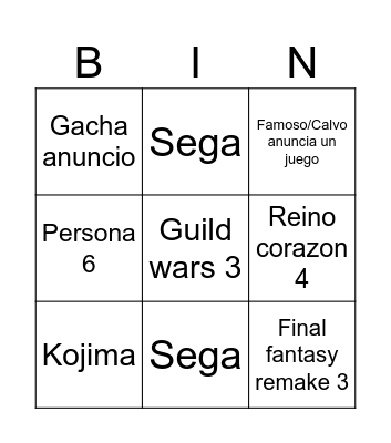Summer game fest Bingo Card