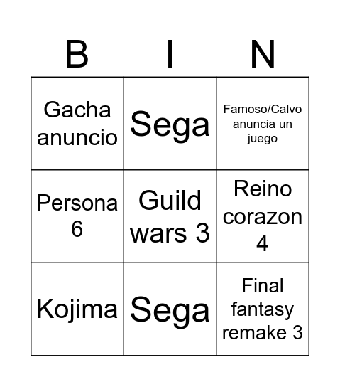 Summer game fest Bingo Card