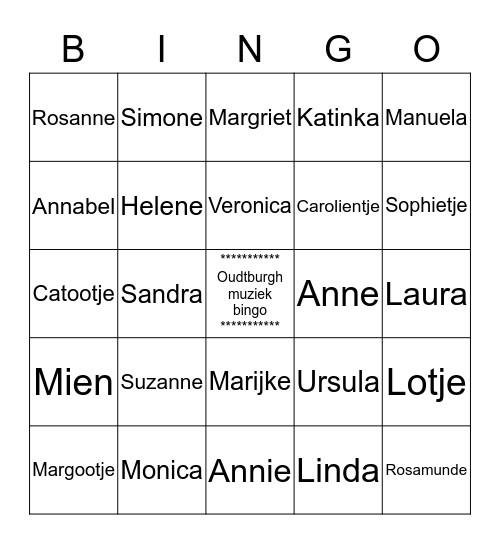 Oudtburgh Muziekbingo meisjesnamen Bingo Card
