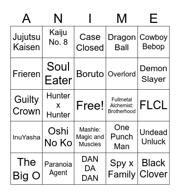 Anime Themed Musical Bingo Card