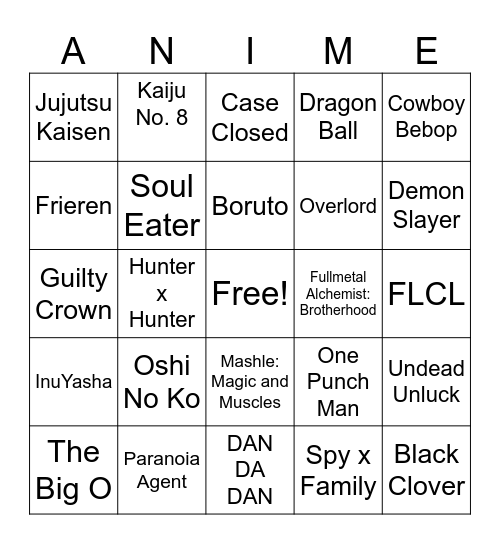 Anime Themed Musical Bingo Card