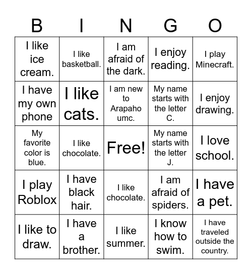 Name Bingo Card
