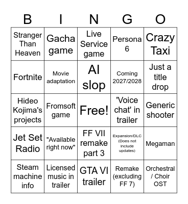 Summer Game Fest 2026 Bingo Card