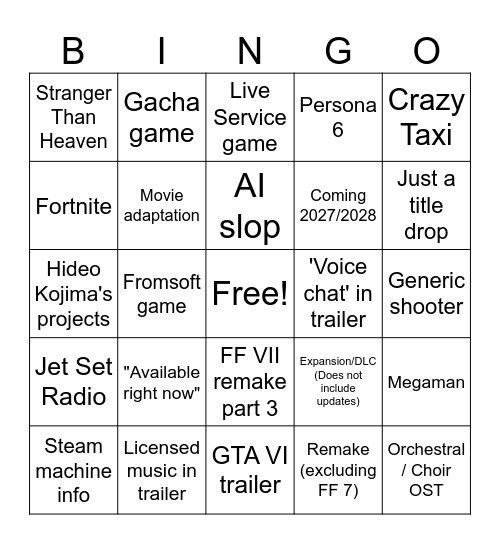 Summer Game Fest 2026 Bingo Card