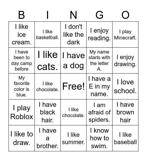 Name Bingo Card