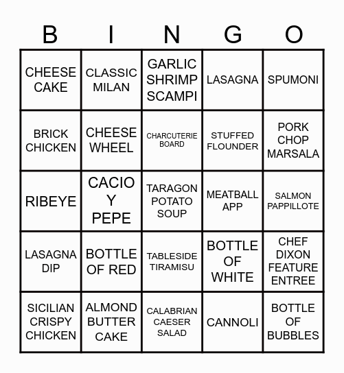PASSERELLA MENU BINGO Card