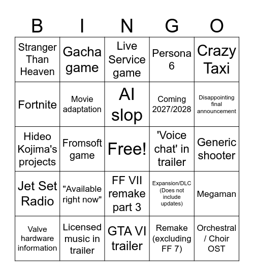 Summer Game Fest 2026 Bingo Card