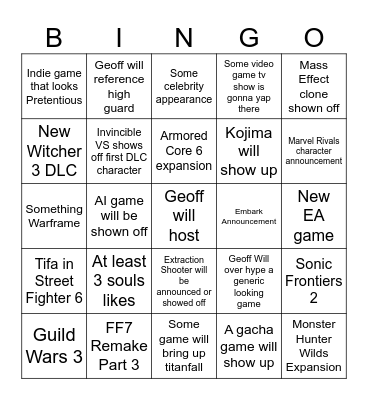 Summer Games Fest Predictions Bingo Card