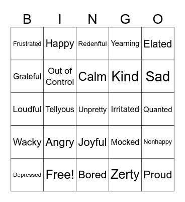 Feelings and Emotions A to Z Bingo Card