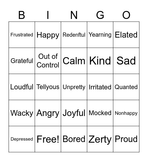 Feelings and Emotions A to Z Bingo Card