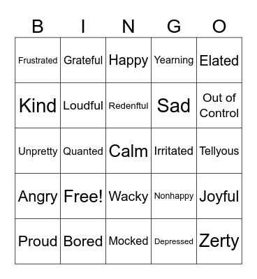 Feelings and Emotions A to Z Bingo Card