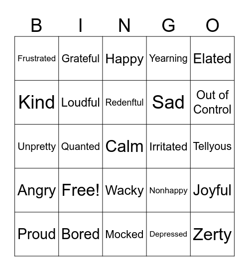 Feelings and Emotions A to Z Bingo Card