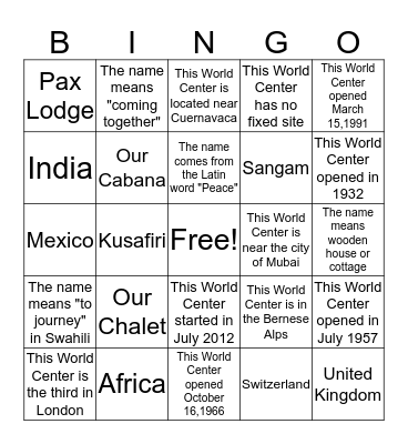 Girl Scout World Center Bingo Card