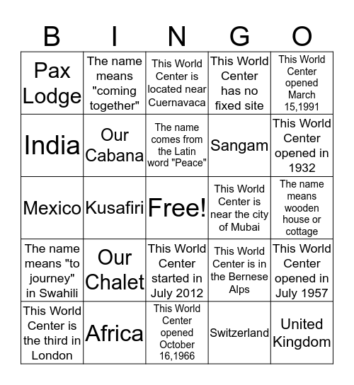 Girl Scout World Center Bingo Card