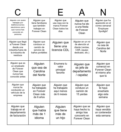 Forever Clean Family Fun Day! Bingo Card