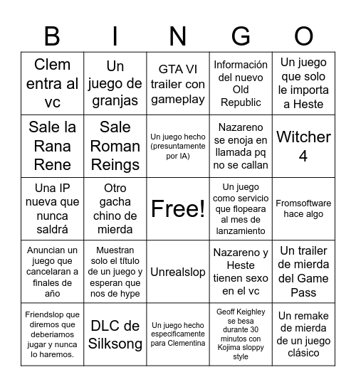 Summer Game Fest 2026 Bingo Card