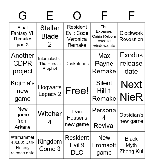Summer Game Fest 2026 Bingo Card