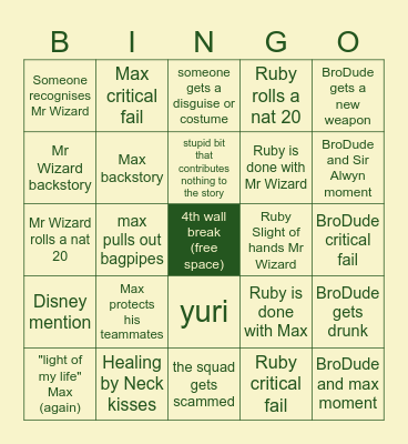 GIGGS DnD Session 5 Bingo Card