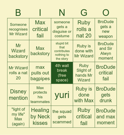 GIGGS DnD Session 5 Bingo Card