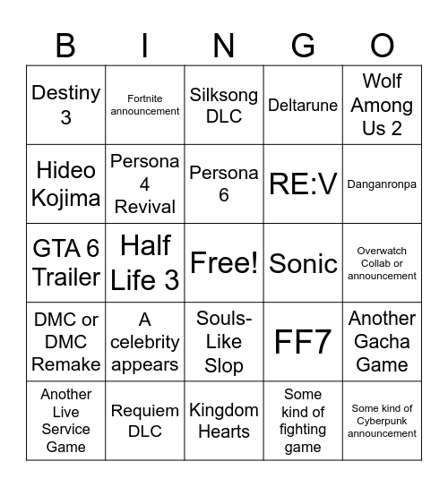 Games Fest Bingo Card