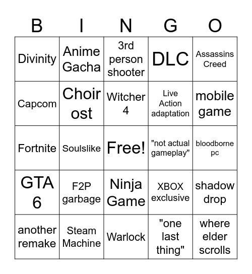 Summer Game Fest 2026 Bingo Card