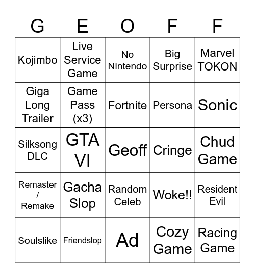 Summer Game Fest 2026 Bingo Card