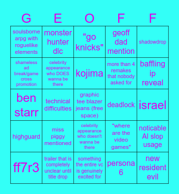 GEOFF EXTRAVAGANZA Bingo Card