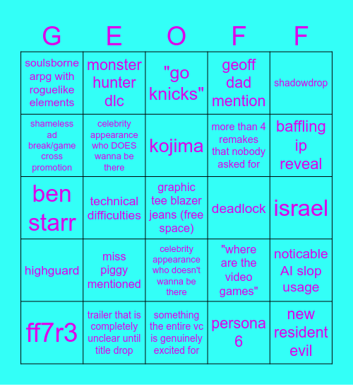 GEOFF EXTRAVAGANZA Bingo Card