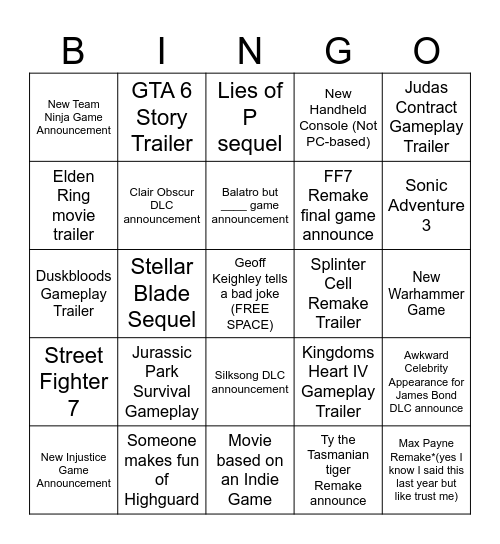 Summer Games Fest 2026 Bingo Card