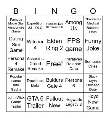 Summer Game Fest 2026 Bingo Card
