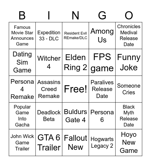 Summer Game Fest 2026 Bingo Card