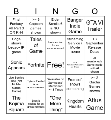 SUMMER GAMES FEST 2026 Bingo Card