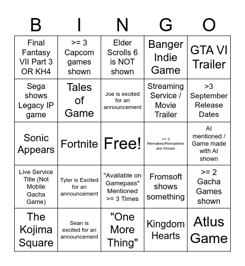 SUMMER GAMES FEST 2026 Bingo Card
