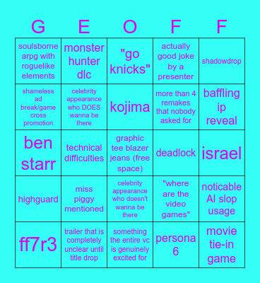 GEOFF EXTRAVAGANZA Bingo Card