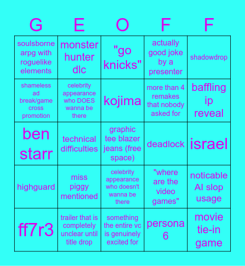 GEOFF EXTRAVAGANZA Bingo Card