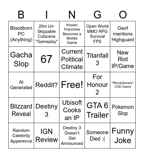 Summer Games Fest Bingo Card