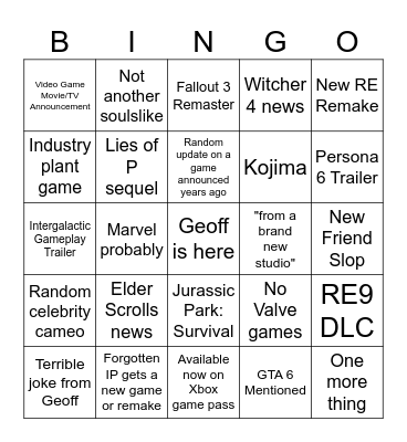 Summer Game Fest 2026 Bingo Card