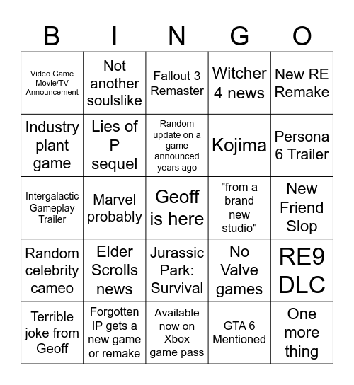 Summer Game Fest 2026 Bingo Card
