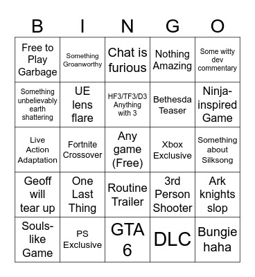 Summer Game Fest Bingo Card