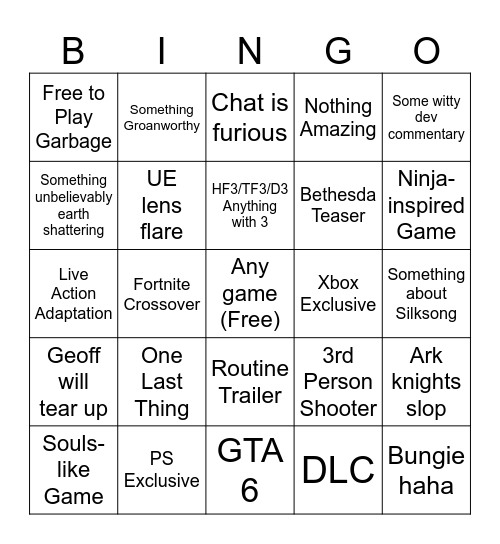 Summer Game Fest Bingo Card