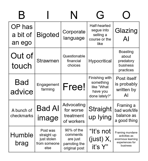 LinkedIn Post Bingo Card