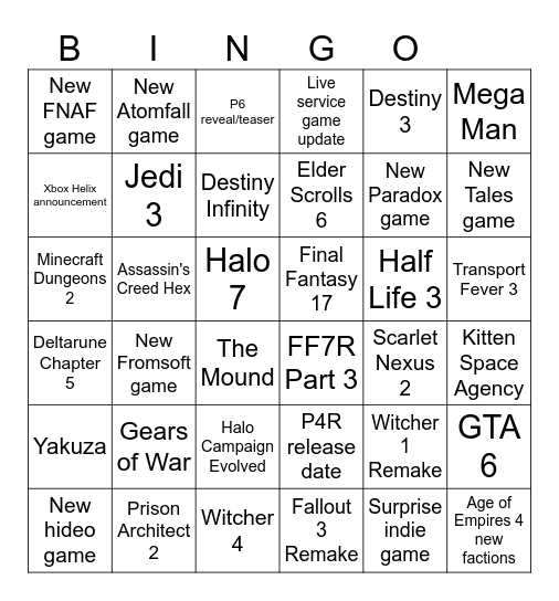 SGF / Xbox Game Showcase 2026 Bingo Card