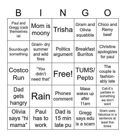 Family Bingo Card