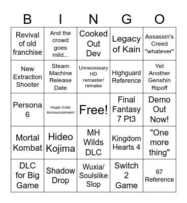 Summer Game Fest '26 Bingo Card