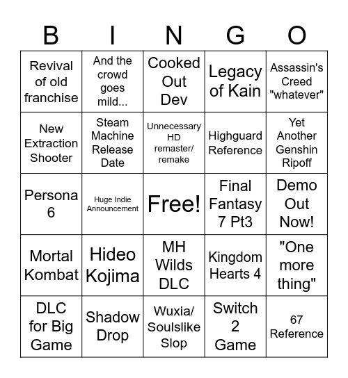 Summer Game Fest '26 Bingo Card