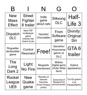 Summer Game Fest 2026 Bingo Card