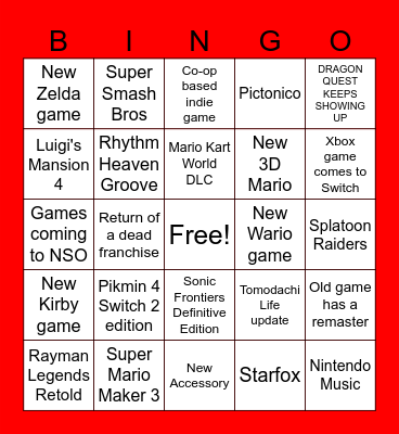 Nintendo Direct Bingo Card