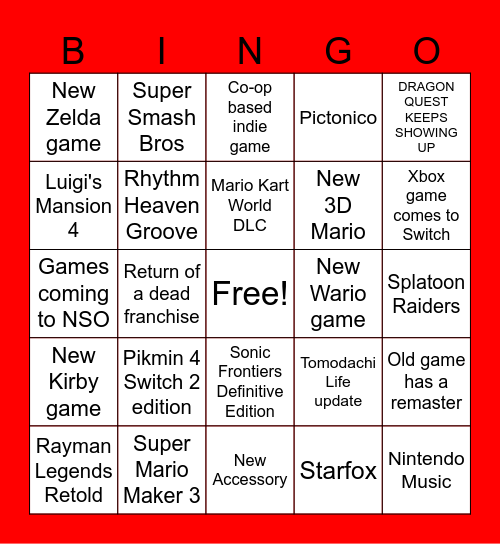 Nintendo Direct Bingo Card
