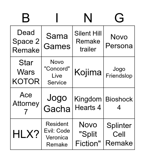 Summer Game Fest Predictions Bingo Card